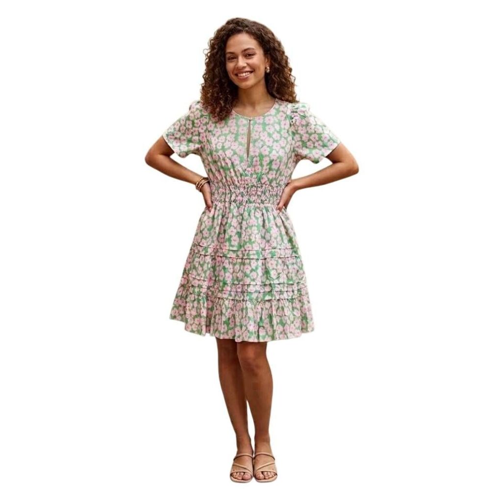 Brass & Roe Pink & Green Floral Tiered Mini Dress Lined With Pockets Sz XL